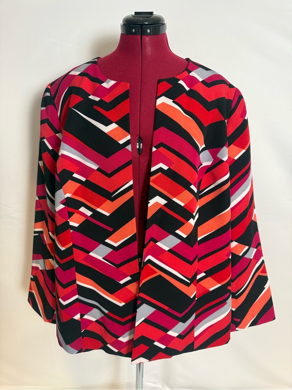 Kasper Open-Front Jacket Women Size 18W Multi-Color Geometric Pattern 3/4 Sleeve
